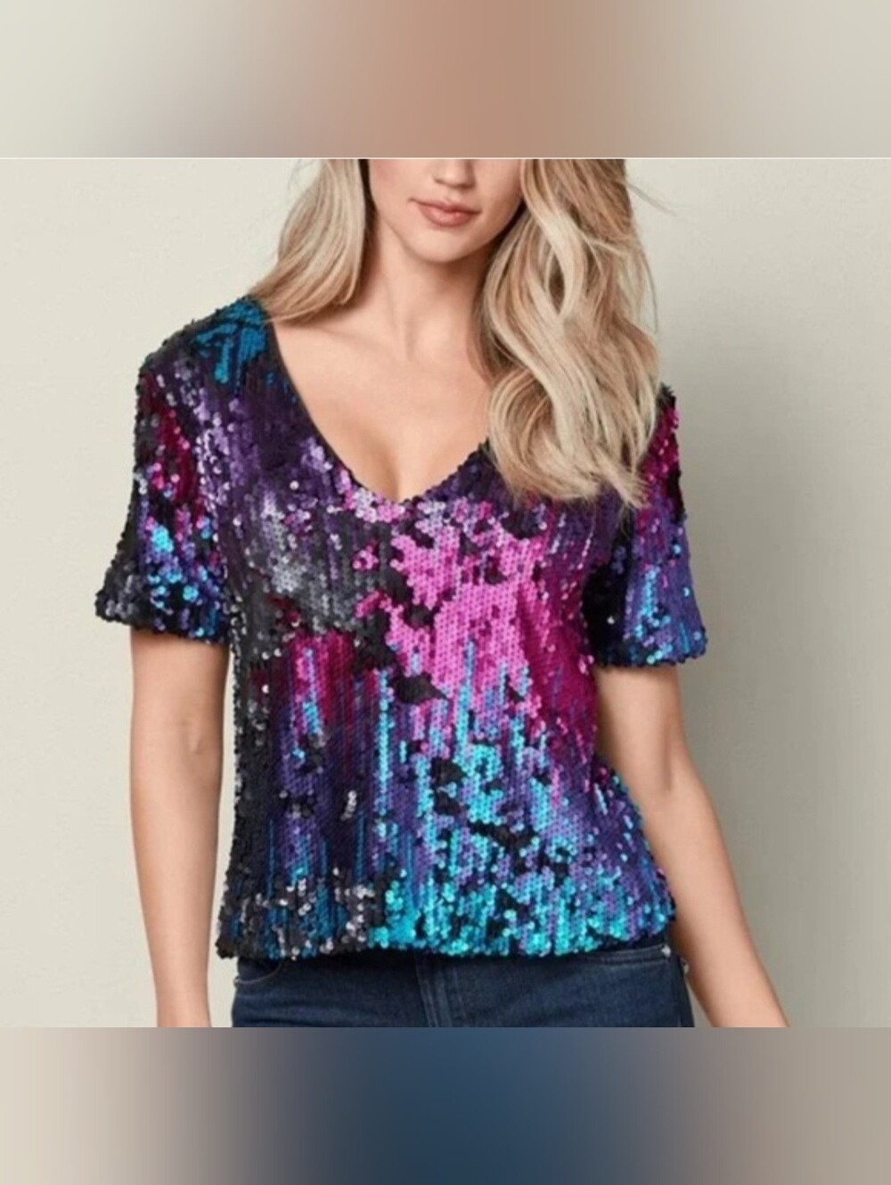 Venus Multi Color Sequin V-Neck Top Size 10